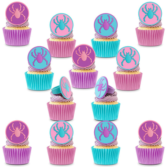 RoundFunny 48 Pcs Spider Cupcake Toppers Cake Decorations Spider Birthday Party Decoration Cupcake Dessert Rings Toppers for summer Party Gifts Classroom Prizes(Teal/Purple/Pink)
