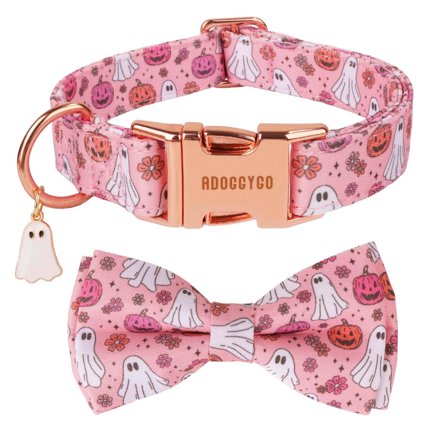 ADOGGYGO Halloween Dog Collar with Bow, Detachable Pink Ghost Pumpkin Bowtie, Metal Buckle, Adjustable Pink Halloween Collars for Medium Dogs Girl (Medium)
