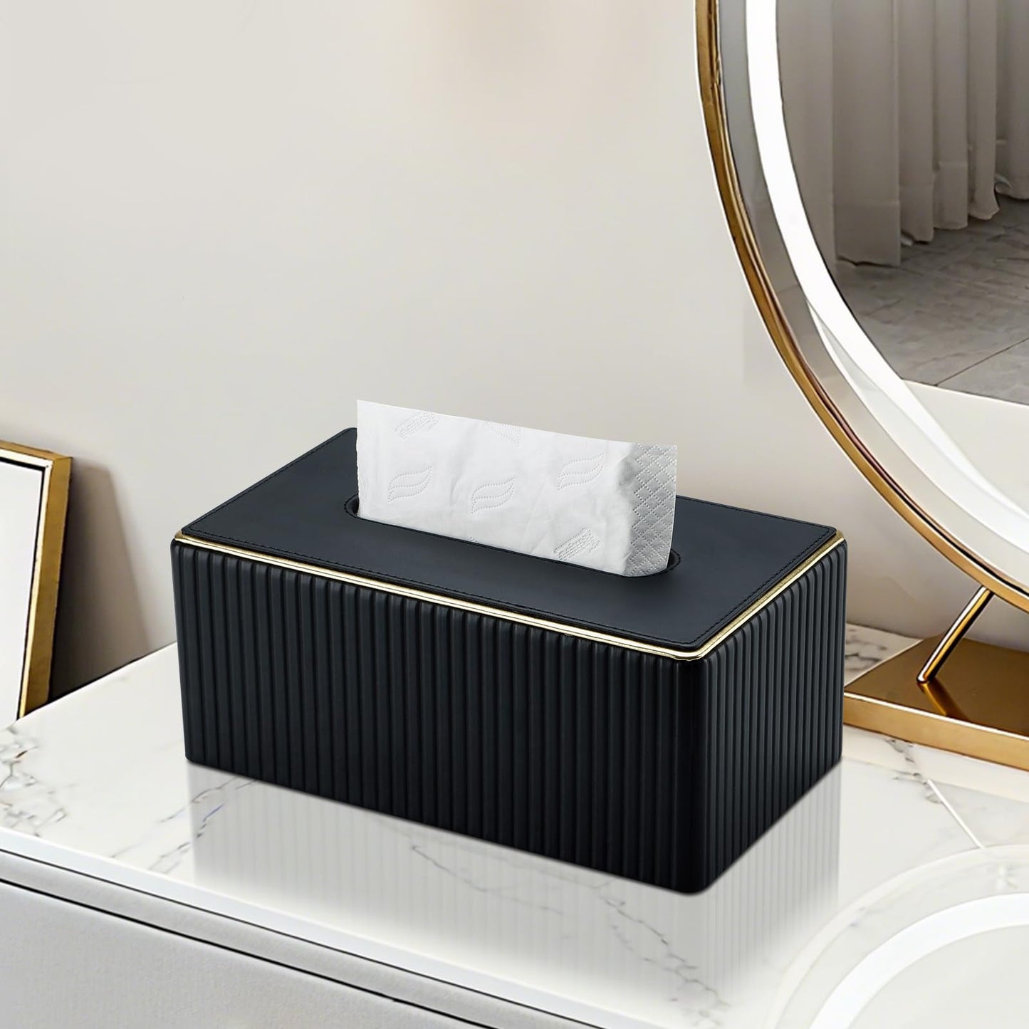KINGFOM Rectangular Tissue Box Cover, PU Leather Tissue Box Holder with Magnetic Bottom, Napkin & Facial Tissue Holder Dispenser Decorative Box Cover for 120-count (3-Ply) 160-count (2-Ply) Black