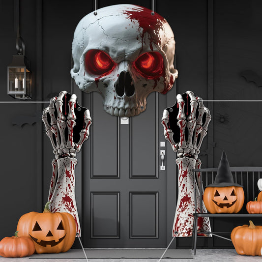 3Pcs Halloween Skull Archway Door Banner Halloween Gothic Skeleton Porch Banner Bloody Skeleton Door Hanging Decorations Scary Skull Porch Sign for Outdoor Indoor Haunted House Party Supplies