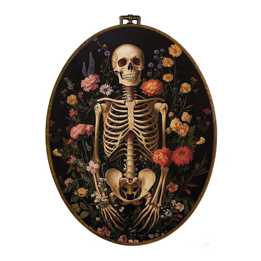 dvhdajed Dark Gothic Skull Oval Wall Art Decor, Witchy Cottagecore Skeleton Botanical Floral Framed Canvas Art, Goth Halloween Skull Oval Wall Hanging Decor for Home Bedroom Living Room, 8.7x11.3 In