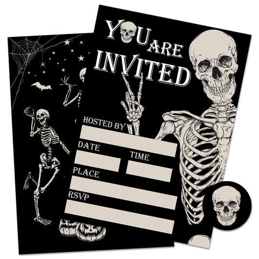 Whaline 25 Sets Halloween Invitations with Envelopes Stickers Black Dancing Skeleton Invitation Cards Blank Invites for Birthday Party Supplies, 5 x 7 Inch