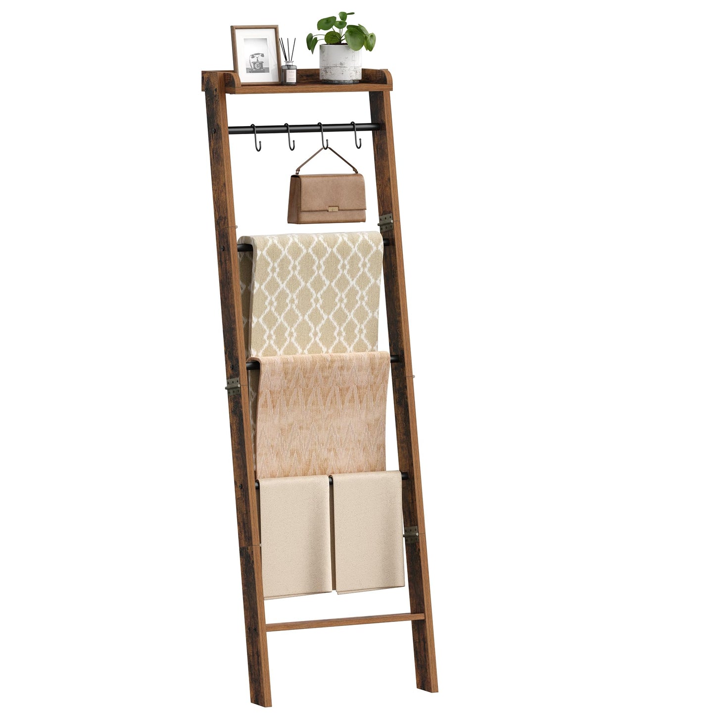 Hzuaneri Blanket Ladder Shelf, Decorative Quilt Rack, 6-Tier Farmhouse Ladder Holder Organizer with 4 Removable Hooks 7.9" D x 17.3" W x 63.4" H, Rustic Brown BR35801B