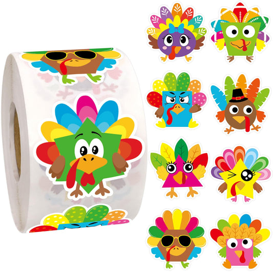Ceiba Tree 500Pcs Turkey Stickers Roll for Kids Colorful Funny Turkey Shaped Decals Thanksgiving Stickers for Autumn Fall Envelopes Cards Thanksgiving Party Supply Decorations