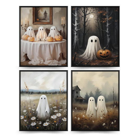 PLKMN Hallowmas Ghost Decor Wall Art Prints Set of 4, Vintage Halloween Posters, Cute Ghost Decor, Aesthetic Halloween Pictures for Bedroom 8x10 (Unframed)