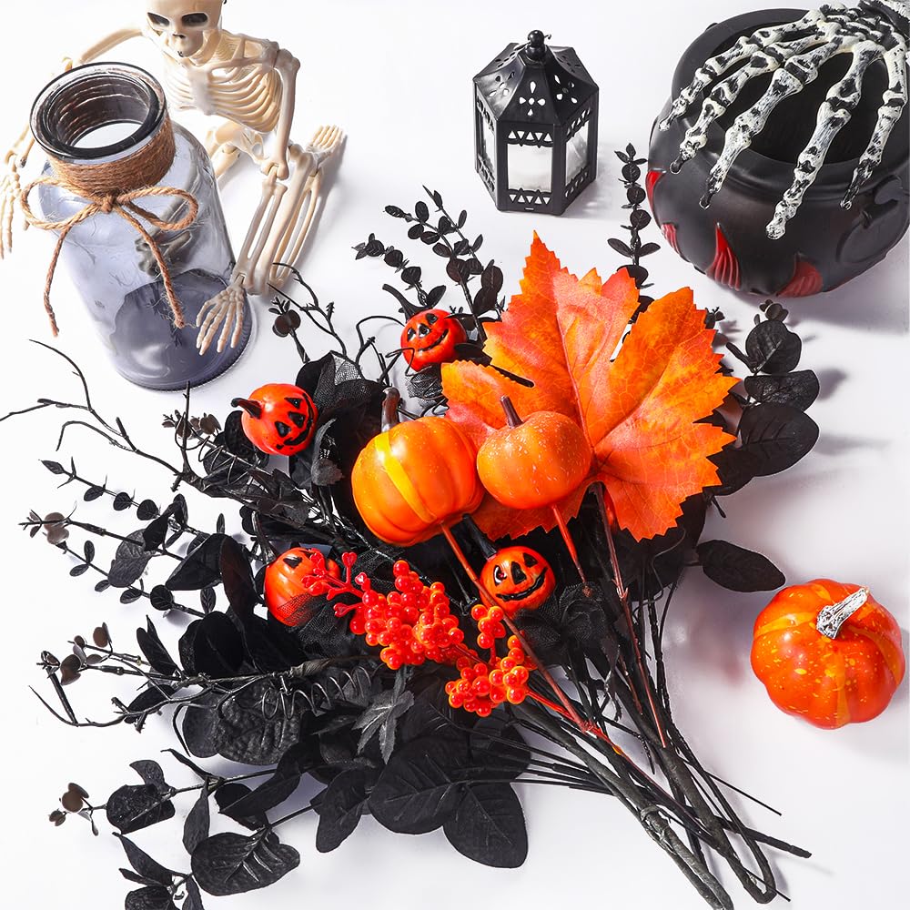 DIYDEC 12Pcs Black Artificial Flowers with Glass Vase 2 Styles Black Eucalyptus Stems for Halloween Outdoor Indoor Decoration Fake Eucalyptus Stems Branches for Party Home Table Centerpieces Decor