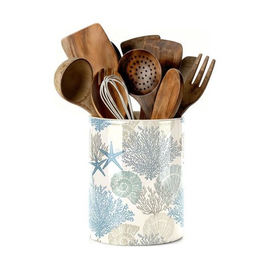 Coastal Utensil Holder, Sea Coastal Ceramic Kitchen Utensil Holder, Utensil Crock for Home Kitchen Countertop Storage Organizer Container, Large Holder for Spatulas, Spoons, Kitchen Counter Decor, 6"