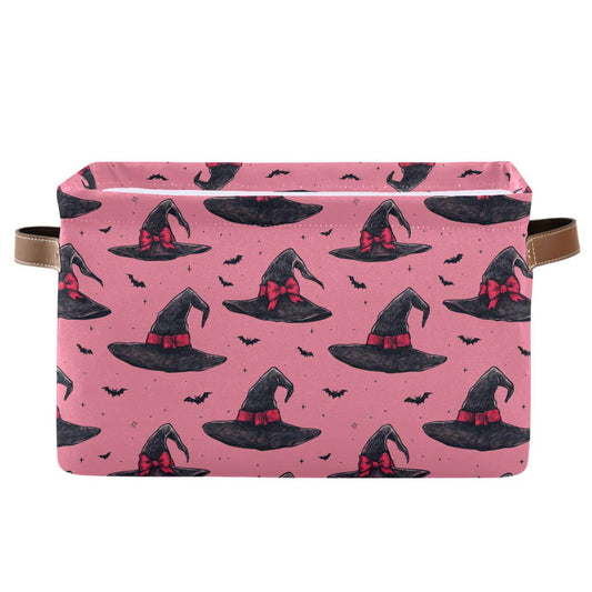Wamika Halloween Witch Hat Storage Basket with Waterproof Liner and PU Handles Pink Bow Bowknot Bat Storage Bins Boxes 14.2" Collapsible Decorative Organizer Baskets for Bedroom Closet Office 1 Pack