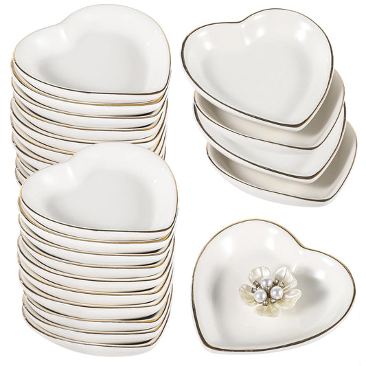 Toyosport 24 PCS Heart Shaped Trinket Dishes, Ceramic Jewelry Trays for Earrings, Necklaces, Bracelets, Engagement Wedding Ring Dish, Elegant Golden Edge