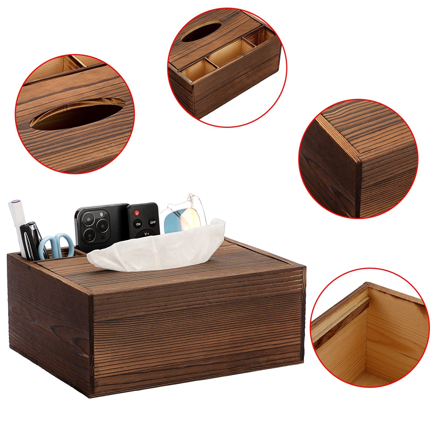 Sumnacon Wood Rectangular Tissue Box Cover - Multifunctional Tissue Holder with Stationery Remote Control Box, Decorative Tissue Pen Remote Organizer for Desktop Livingroom Bedroom Home Office, Yellow