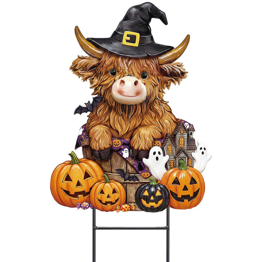 Amyhill Halloween Highland Cow Outdoor Decor Metal Garden Stakes with Pumpkins Bats Yard Signs for Halloween Outdoor Lawn Porch Backyard Holiday Lawn Decorations