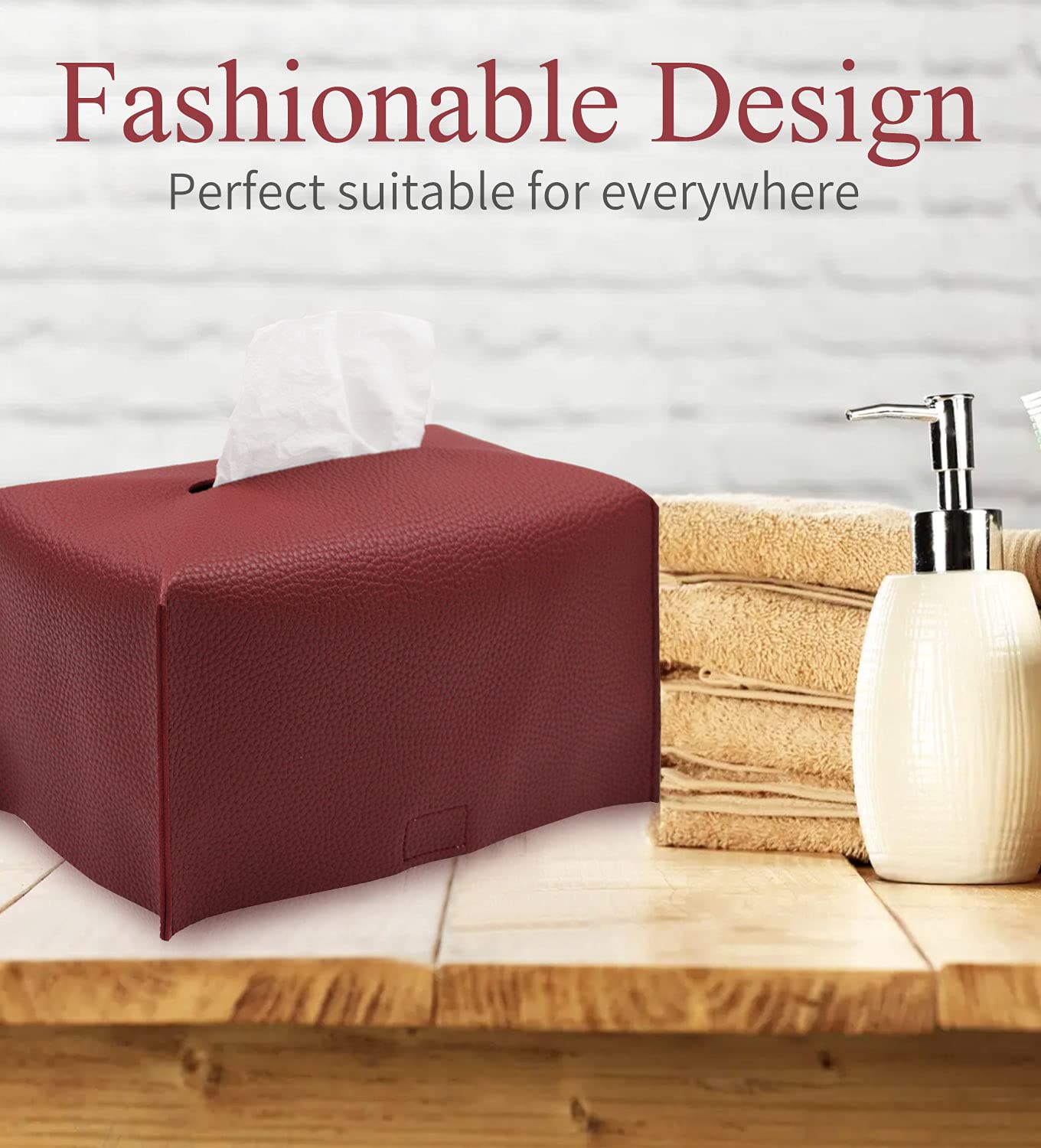 Livelab Tissue Box Cover, Modern Decorative PU Leather Rectangular Tissue Box Case Organizer Holder for Vanity Countertop, Night Stands, Livingroom, Office Desk & Car 9.5X5X5'' | Wine Red
