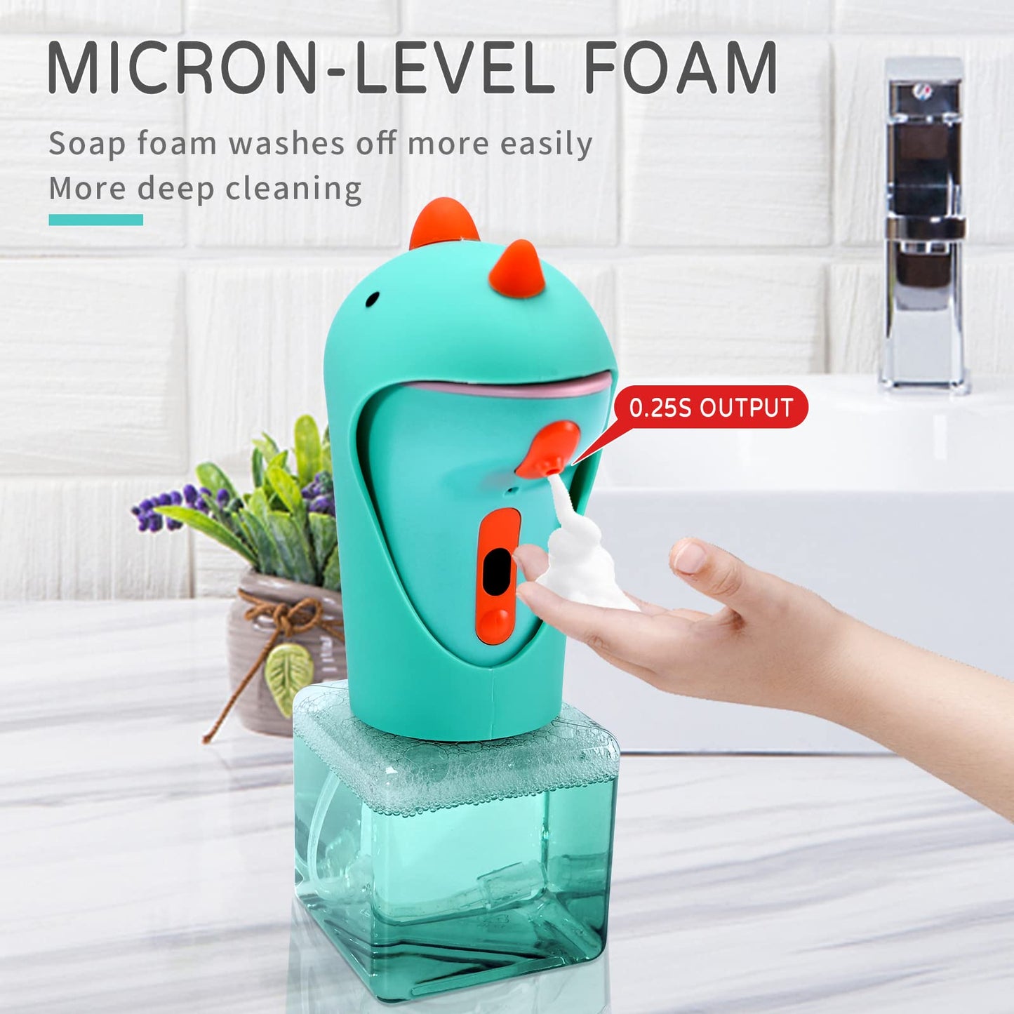 CADUFUELLY Automatic Soap Dispenser, Cute Touchless Foaming Soap Dispenser, IPX6 Waterproof, 2 Levels Foam Adjustable, Smart Hand Dispenser for Bathroom Kitchen 8.7oz/250ml (Dinosaur)