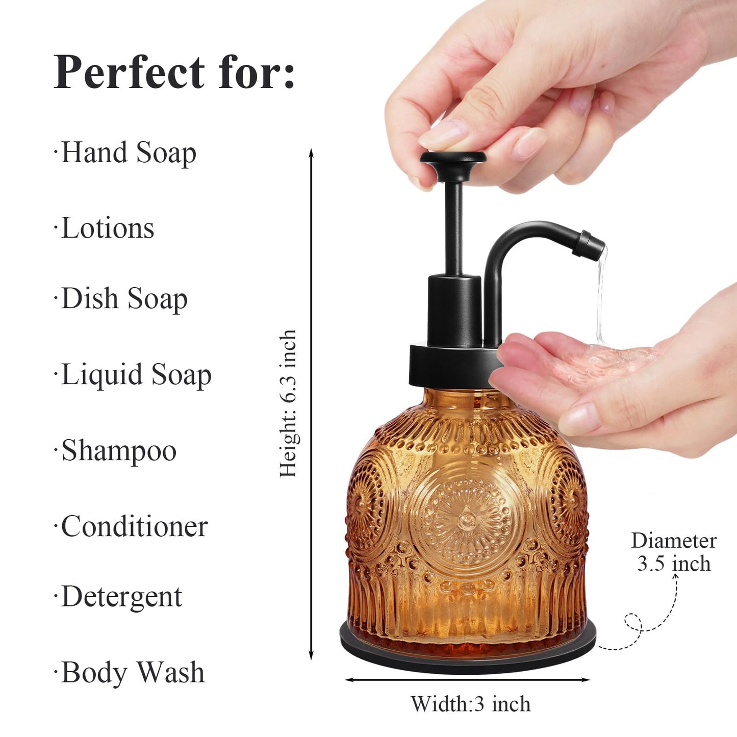 Amolliar 8 Oz Vintage Glass Bathroom Soap Dispensers with Pump, 2 Pack Refillable Kitchen Dish Soap Dispenser with Non-Slip Mat, Antique Rustic Hand Soap Liquid Bottle (Brown-Black Pump)
