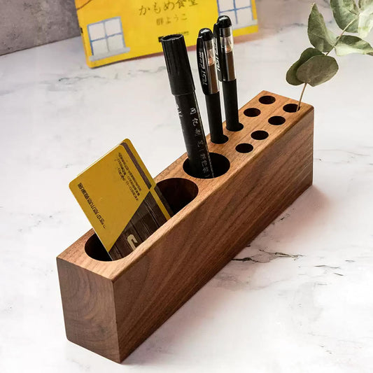 LiTY Pen Holder for Desk, Acacia Wooden Pencil Stand, Solid Wood Business Card Holder, Fountain Pen Organizer, Minimalist Aesthetic Office Stationery Desk Decor