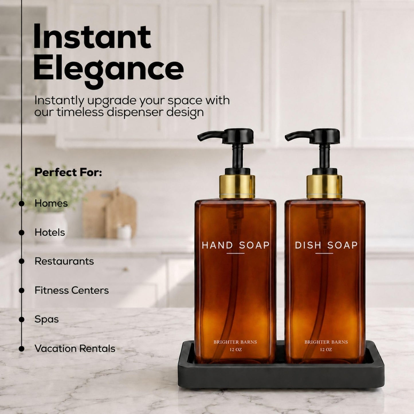 Amber Glass Hand and Dish Soap Dispenser Set by Brighter Barns - Kitchen Soap Dispenser Set with Tray and Pump for Kitchen Sink - Organic Modern Home Decor for Airbnb, Restaurant, Hotel, Gifts (Amber)