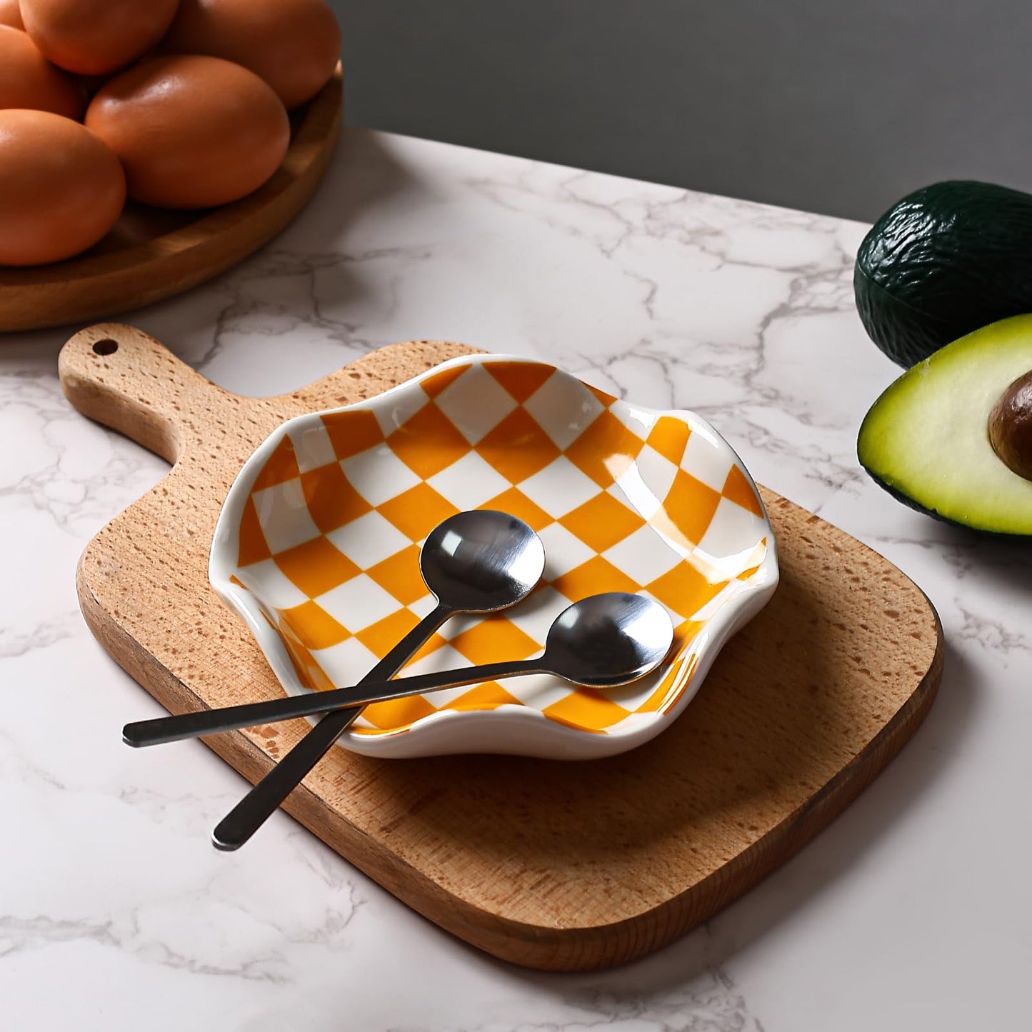 Koythin Ceramic Spoon Rest for Stove Top, Kitchen Counter, Heat-Resistant Utensil Holder, Cute Decorative Checkerboard Spoon Rest Dish for Cooking, Coffee Bar, and Countertop Decor (Orange)