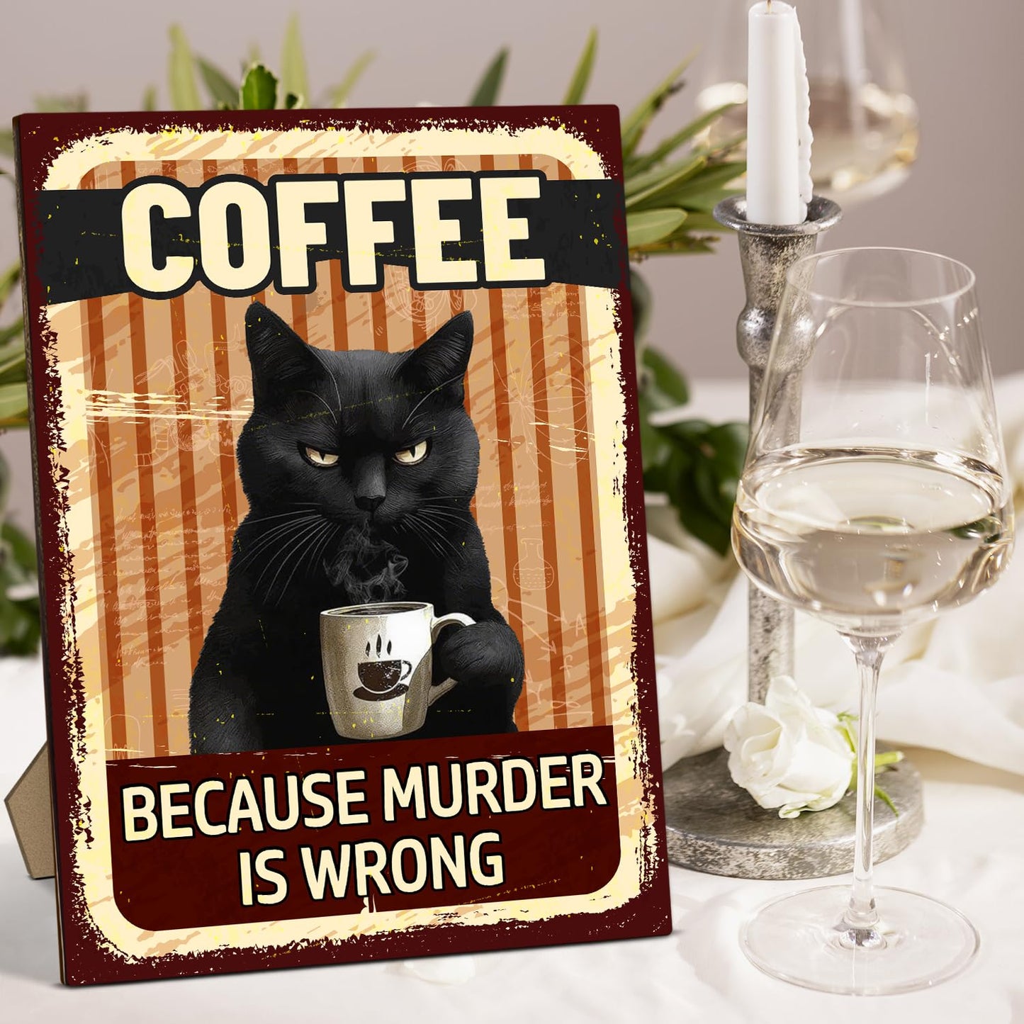 Funny Coffee Bar Sign - Because Murder is Wrong, Black Cat Wooden Desk Decor With Stand For Coffee Bar, Office Home Kitchen Tabletop Decor, 8 x 11 Inches -A040