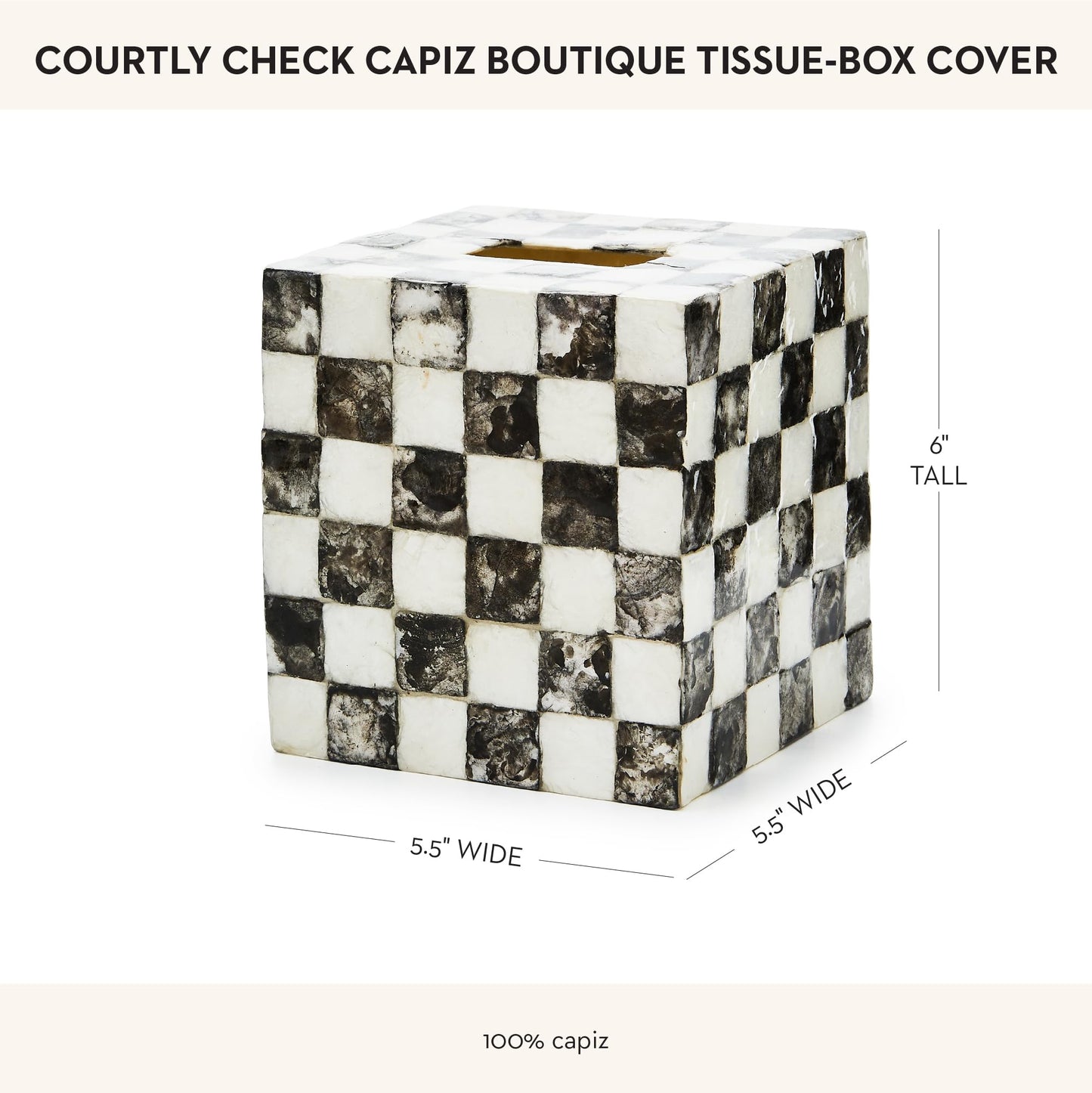MACKENZIE-CHILDS Boutique Square Capiz Tissue-Box Cover, Decorative Tissue Holder, Black-and-White Courtly Check