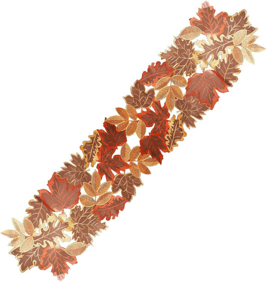 Fall Table Runner Embroidered Leaves Fall Table Cover Autumn Harvest Table Runner for Home Decorations Dining Table Decoration Halloween Thanksgiving Christmas 13”W x 70” L
