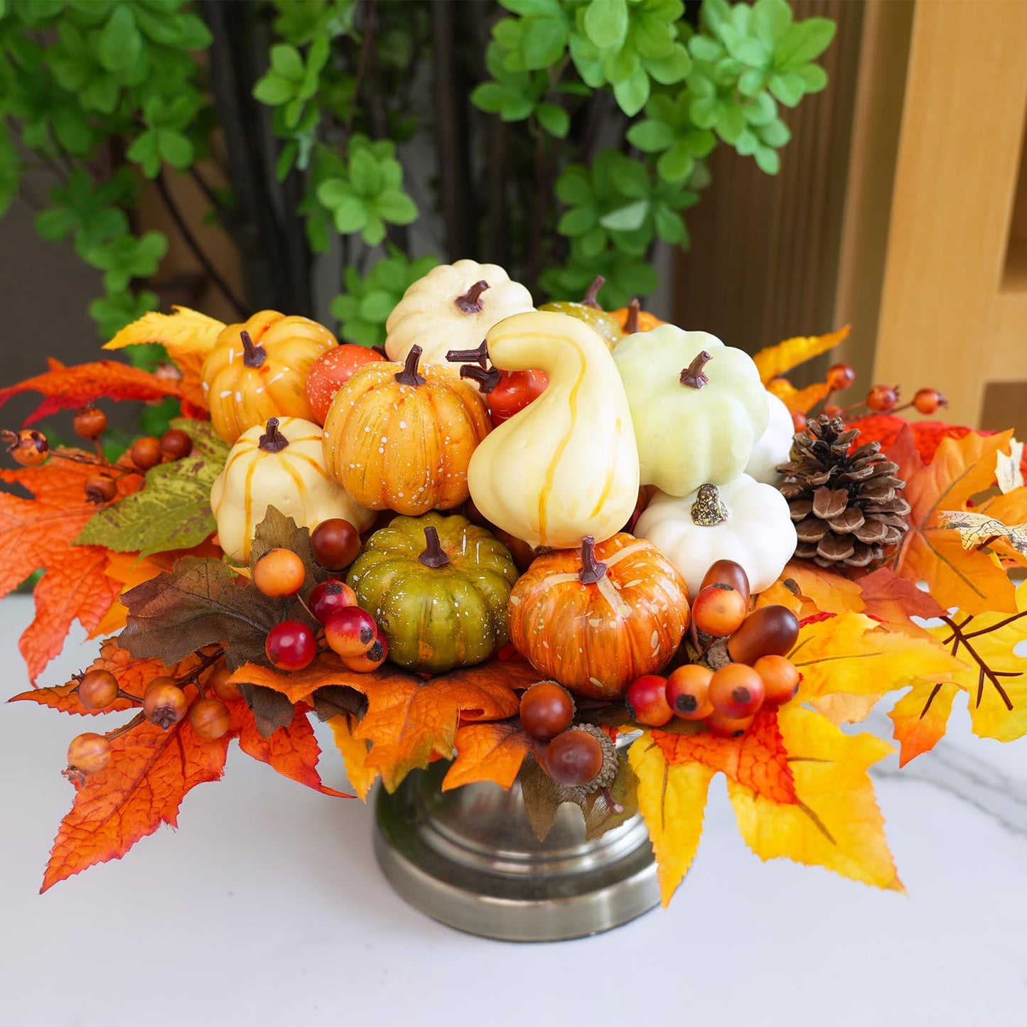 Winlyn 46 Pcs Assorted Small Artificial Pumpkins and Gourds with Acorns Pinecones Maple Leaves Fall Harvest Decor Set for Autumn Party Table Centerpiece Thanksgiving Halloween Wreaths Vase Bowl Filler