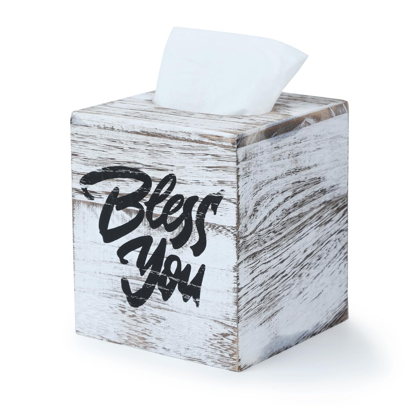 Wood Tissue Box Cover, Square Bless You Tissue Holder, Decorative Tissue Dispenser for Bathroom, Living Room, Dining Table, 5.3" L x 5.3" W x 6.1" H