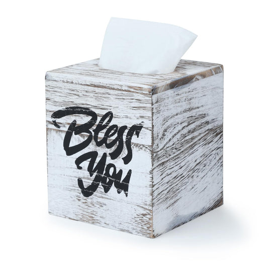Wood Tissue Box Cover, Square Bless You Tissue Holder, Decorative Tissue Dispenser for Bathroom, Living Room, Dining Table, 5.3" L x 5.3" W x 6.1" H