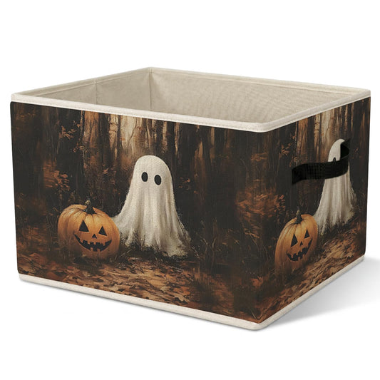 FSTCSV Vintage Fall Halloween Ghost Pumpkin Storage Bin, Dark Cottagecore Halloween Collapsible Storage Bin, Fall Forest Ghost Pumpkin Decorative Organization Boxes Baskets for Playroom Nursery