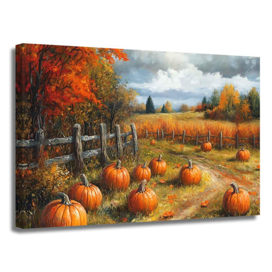 ZSHARTSWD Pumpkin Patch Canvas Wall Art Vintage Fall Harvest Pictures Farmhouse Autumn Prints Paintings Thanksgiving Wall Decor for Kitchen Bedroom Framed (Orange, 12.00" x 18.00")