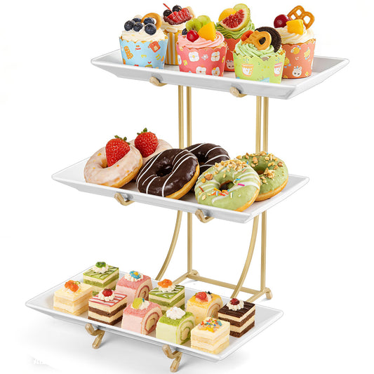 Yedio 3 Tier Serving Tray Set – 12 Inch Porcelain Serving Platters with Pre-Assembled Gold Metal Stand, No Installation Required, Tiered Tray for Dessert Fruit Food Display and Party Entertaining
