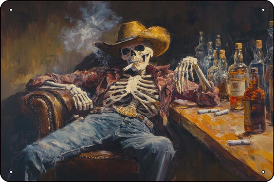 Wild West Remains Skeleton Cowboy In a Bar Oil Sofa Wine - 8 x 12 inches Vintage Metal Sign
