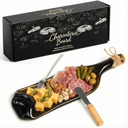 Bokon 1 Pcs Melted Wine Bottle Serving Board Decorative Cheese Tray Charcuterie Board with Knife Fork Cracker Platter Wine Lover Gift for Party Housewarming Supplies (Brown)