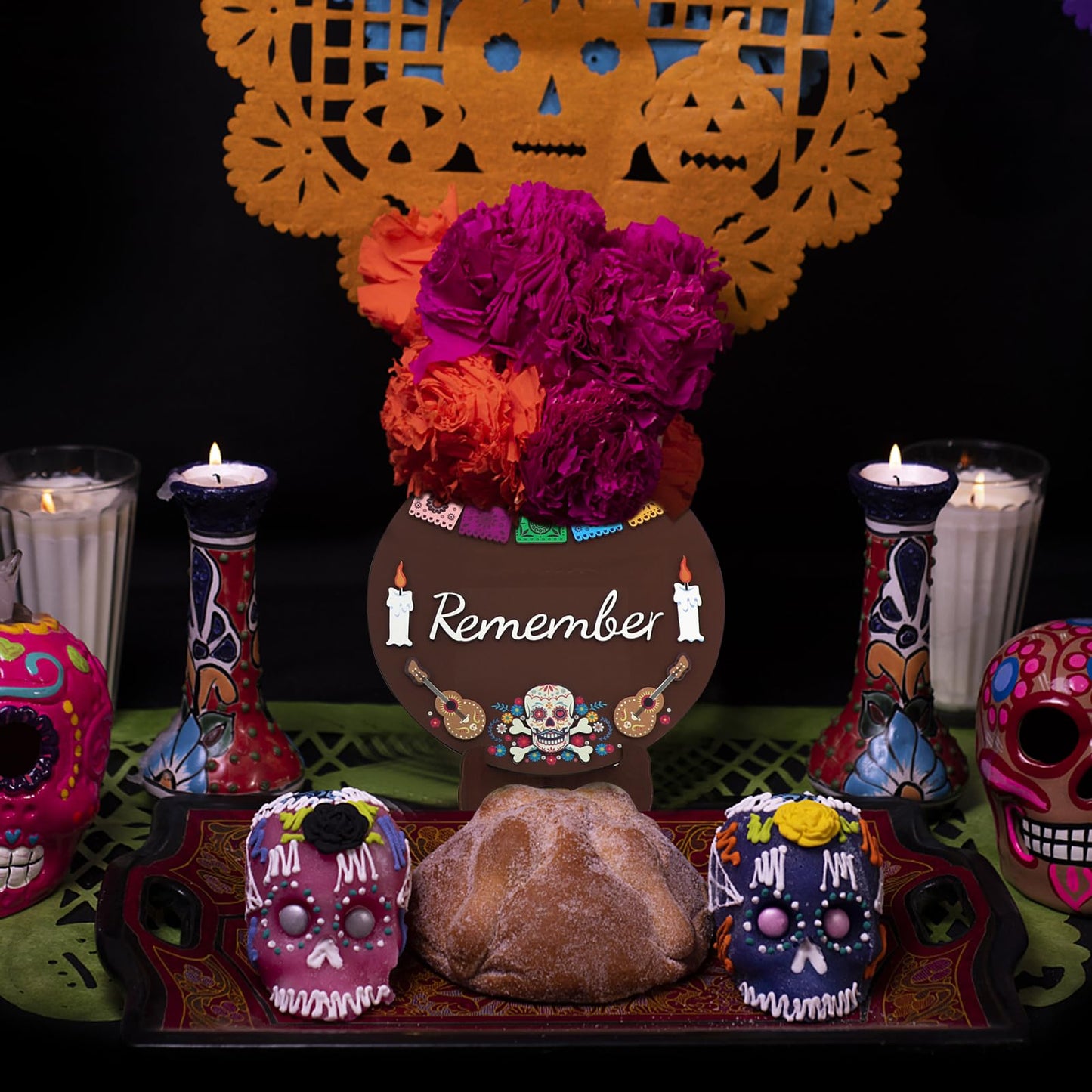 Day Of The Dead Decorations, Dia De Los Muertos Ofrenda Altar Recuerdame Wood Sign Decorations Kit with Stand, 3d Calaveras, Papel Picado Altar Supplies Decor Halloween Home Party