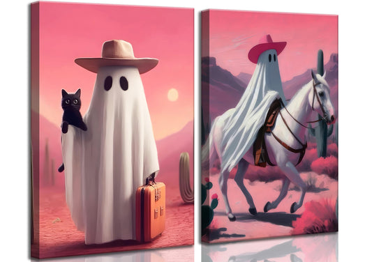 2Pcs Pink Cute Ghosts Canvas Wall Art Funny Halloween Western Cowboy Horror Ghost Painting Picture Wall Decor Poster Prints Artwork for Corridor Bedroom Living Room (24L x16W-Canvas)