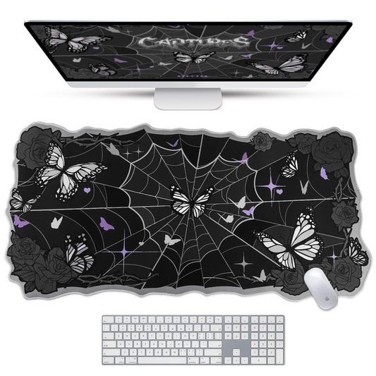 BelugaDesign Butterfly Desk Pad | Rose Spider Web Kawaii Cute Keyboard Gaming PC Laptop Mat | Large Spooky Halloween Witch Gothic Mousepad | Rubber Non-Slip Machine Washable Desk Blotter Protector