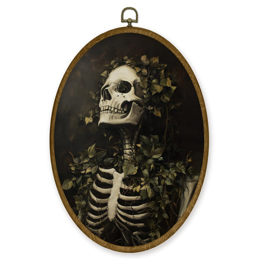 JMENGSSFL Vintage Gothic Skeleton Floral Oval Wall Art Decor, Dark Cottagecore Canvas Prints, Moody Botanical Skeleton Skull Framed Wall Art for Home Bedroom Living Room Decor, 8.6x11.4 Inch