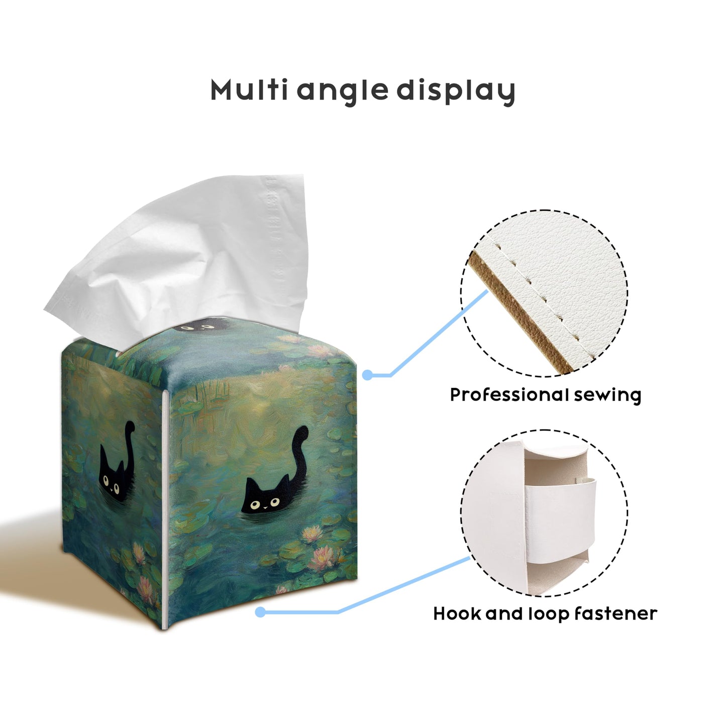 Black Cat Water Lily PU Leather Tissue Box Cover 5.2 Inch