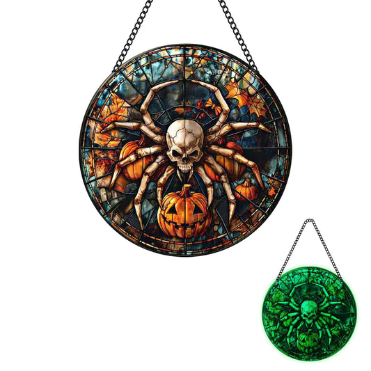 REAIJUNPIN Vintage Halloween Skull Spider Decorations Outdoor,Halloween Skull Window Decor Glow in The Dark Halloween Wall Decor Hanging Spider Decorations for Front Door Wall