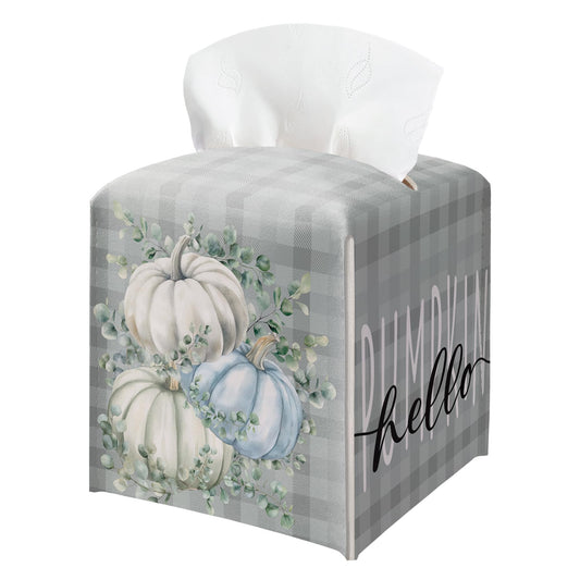 Pumpkin Tissue Box Holder, Eucalyptus Pumpkin Plaid Leather Tissue Box Cover Square, Harvest Facial Paper Organizer Dispenser Toilet Paper Holder for Bathroom Kitchen Office Home Decor-A28