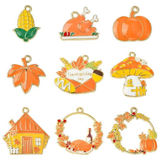 Ipotkitt 18pcs 9 Styles Thanksgiving Themed Enamel Charms Leaf Pumpkin Metal Charms Autumn Forest Hanging Ornaments for DIY Craft Bracelet Key Jewelry Making
