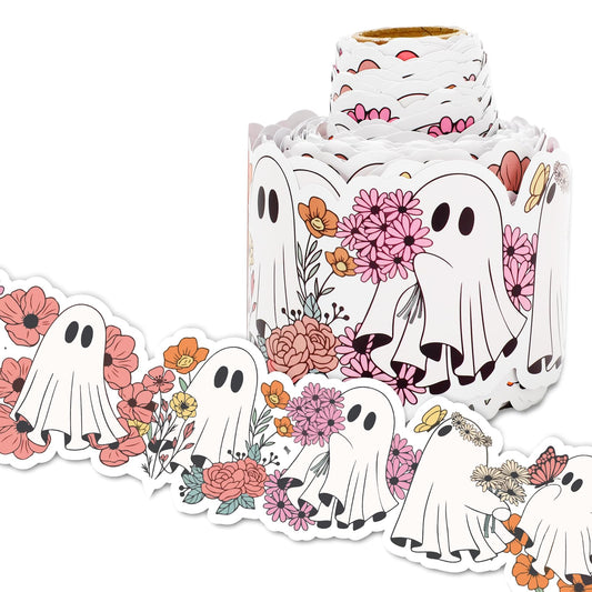Whaline 65Ft Halloween Bulletin Board Border Cute Floral Ghost Die Cut Trim Border Roll for Home Party Classroom Chalkboard Decoration