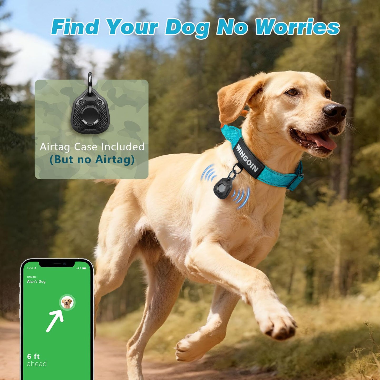 WINGOIN Tactical Dog Collar with AirTag Holder, Heavy Duty Reflective Padded Nylon Collar for Large Dogs, Quick Release Metal Buckle, Dogcollar for Training Walking Hunting, IPX5 Waterproof, Blue,L