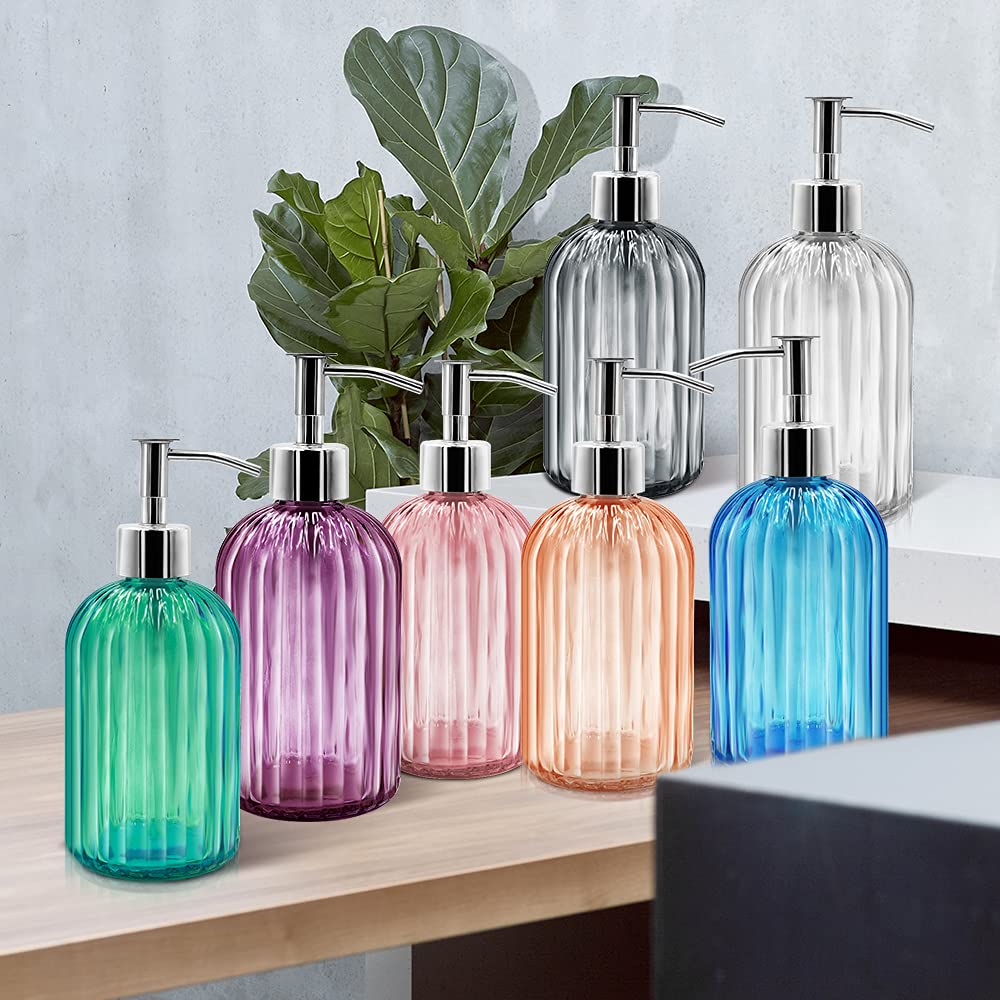 2 Pack Glass Soap Dispenser with Pump, 400ml Liquid Soap Dispenser for Soap, Shampoo and Lotion Refill for Kitchen, Bathroom, Laundry (Purple)