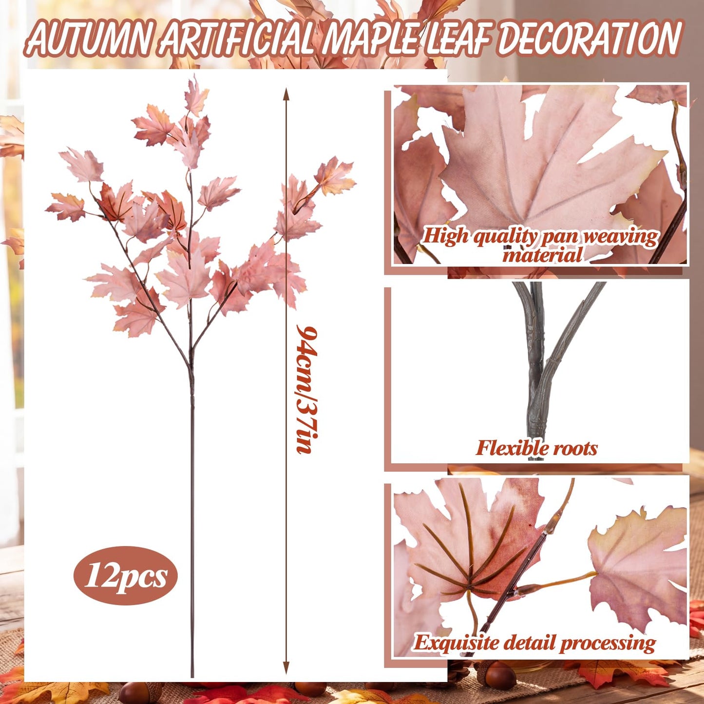 Suncalla 12 Pcs Fall Artificial Maple Leaves Stems, 37 Inch Neutral Fake Autumn Maple Foliage Branch for Thanksgiving Table Centerpiece, Boho Halloween Farmhouse Vase Filler(Dusty Blush Pink)