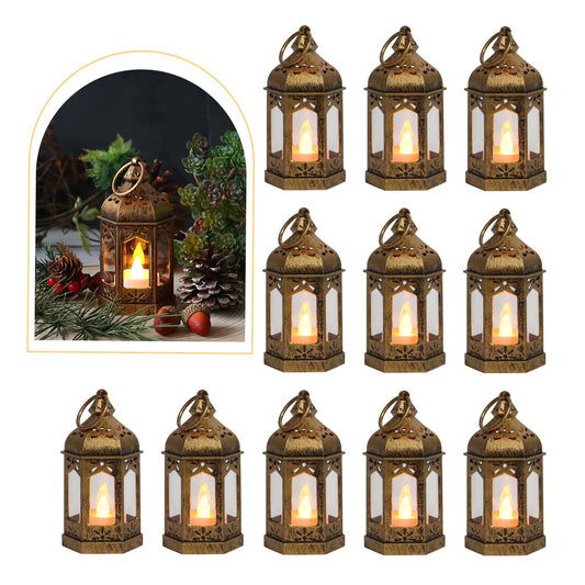 LLQ 8Pcs Mini Lantern with LED Tealight, Vintage Brown Lanterns Decorative, Hanging Candle Lanterns for Halloween Christmas Wedding Table Centerpiece Indian Decor, Garden Fairy Party Decorations