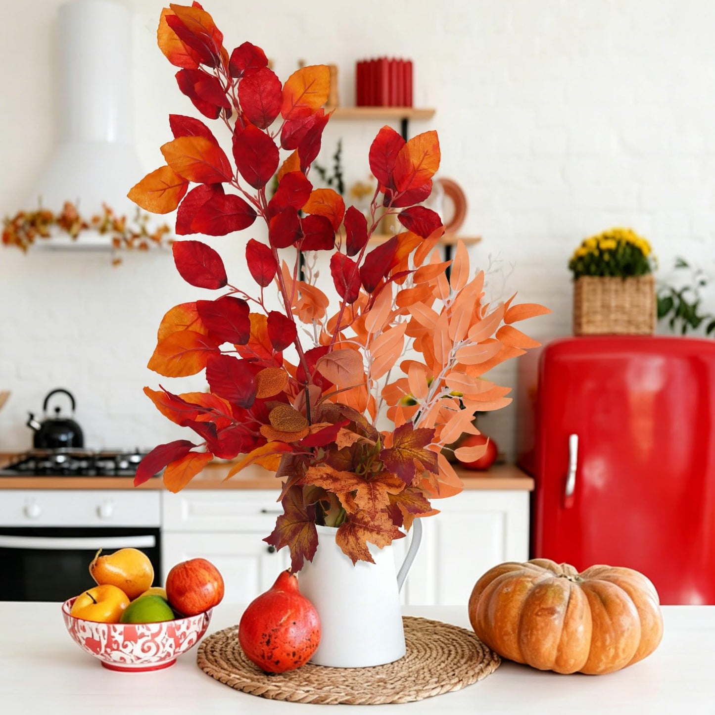 RECUTMS Artificial Fall Beech Leaf Stems 4Pcs 39Inch Fake Fall Foliage Branches Faux Autumn Leaves Long Greenery Stems for Tall Vase Thanksgiving Halloween Festival Harvest Home Decor(Sunset Red)