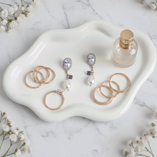 B33 BALTIC33 Cloud Ceramic Tray, Glossy White Irregular Jewelry Dish, Luxury Ceramic Ring Holder and Vanity Organizer, Cloud Trinket Plate for Keys, Perfume, or Nightstand Decor