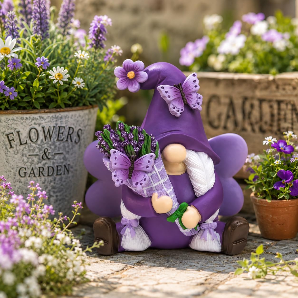 KnomeKo Lavender Gnome Spring Summer Decor, Fairy Garden Gnome with Butterfly & Lavender Bouquet, Purple Gifts for Women Yard Porch Flower Bed Decor