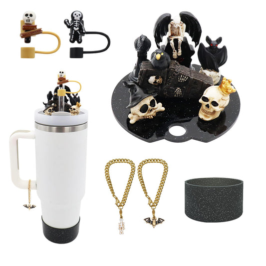 Lid Name Plate Topper for Stanley Cup 30 oz，Including Boot, Silicone Straw Topper Cover Cap, Lid Charms，Cup Chain (Halloween-A)