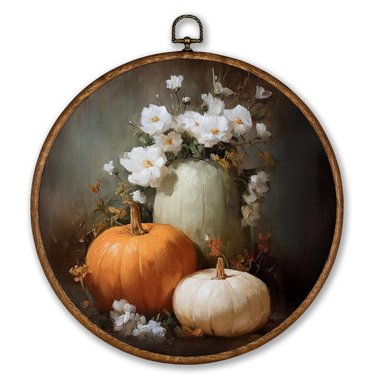 Voxitura Vintage Pumpkin Fall Wall Art Round Framed,Rustic Farmhouse Floral Wall Decor Canvas Hanging Living Room,Autumn Paintings Prints Artwork Decorations for Bedroom Thanksgiving Halloween 10x10in